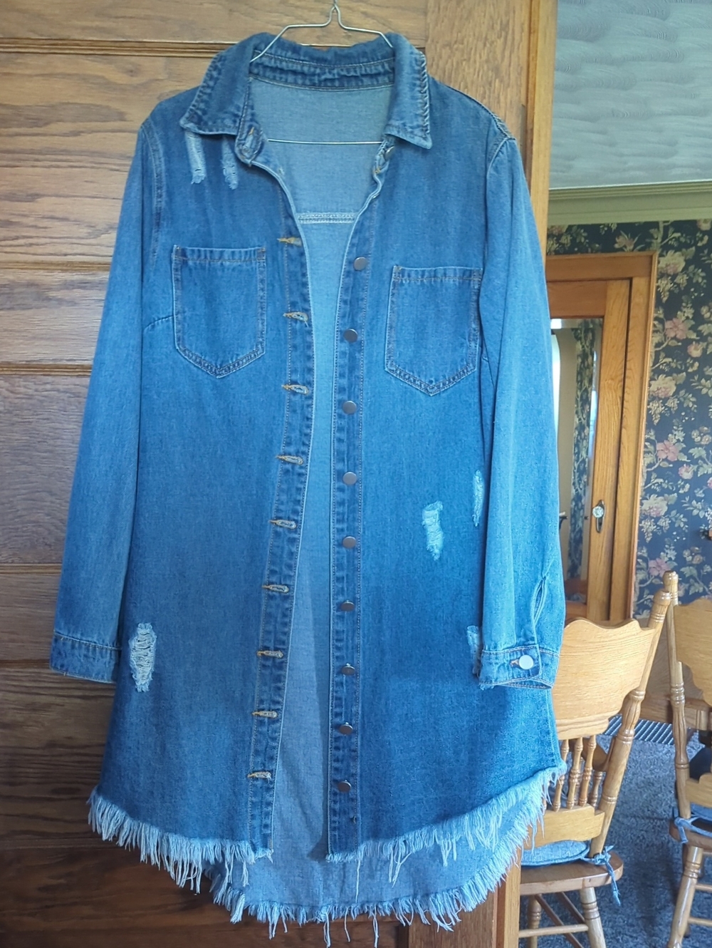 Shein Long Distressed Denim Shirt Jacket Size M